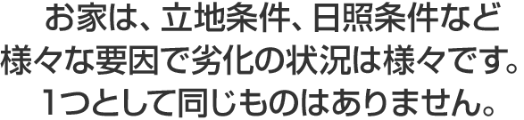 お家は、立地条件、日照条件など様々な要因で劣化の状況は様々です。1つとして同じものはありません。